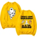 Halloween ghost graphic yellow long sleeve sweatshirt casual crewneck pullover top - S / Tops / Yellow