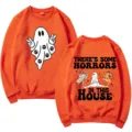 Halloween graphic crewneck sweatshirt in bright orange, featuring funny ghost prints. - S / Tops / Orange