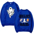 Blue crewneck sweatshirt featuring spooky ghost graphics and funny Halloween back print. - S / Tops / Blue 312