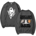 Dark grey Halloween ghost print crewneck sweatshirt casual long sleeve pullover top - S / Top (312) / Dark Gray