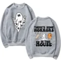 Casual Halloween ghost print crewneck sweatshirt, loose fit long sleeve pullover top. - S / Tops / Light Gray