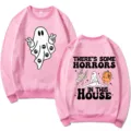 Pink crewneck long sleeve sweatshirt featuring spooky ghost graphics and funny Halloween text print. - S / Tops / Pink