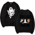 Halloween ghost graphic hoodie, funny long sleeve sweatshirt, comfortable casual pullover. - S / Tops / Black
