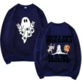 Dark blue long sleeve crewneck sweatshirt with funny ghost and holiday print designs. - S / Top (313) / Navy Blue