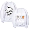 White crewneck sweatshirt featuring spooky Halloween ghost prints on front and back. - S / Top (313) / White