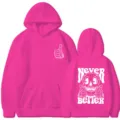 Pink long sleeve hooded sweatshirt with front pocket and retro skull back graphic casual. - Rose Red