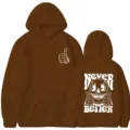 Brown hoodie featuring a skeleton and thumbs up graphic on the back, streetwear style. - Coffee