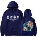 Japanischer Koi Fisch Print dunkelblaue Kapuzenpullover Freizeit Langarm Streetwear Hoodie - S / Oberteile / Marineblau 1