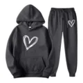 Dark grey tracksuit set with a white hand-drawn heart print, comfortable hoodie and sweatpants. - S / Top And Bottom / Dark Gray
