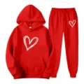 Red hoodie and sweatpants set with white hand-drawn heart print, cozy casual activewear. - S / Top And Bottom / Red