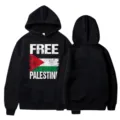 Black hooded sweatshirt featuring printed slogan and flag design, casual long sleeve streetwear. - S / Top (7) / Black