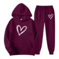 Burgundy hoodie and sweatpants set with white heart print, cozy two-piece casual tracksuit - S / Top And Bottom / Burgundy
