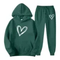 Dark green hoodie and sweatpants tracksuit set featuring white hand-drawn heart graphic print. - S / Top And Bottom / Dark Green