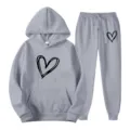 Grey hoodie and sweatpants set with black hand-drawn heart print for casual daily wear. - S / Top And Bottom / Light Gray