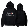 Black hooded sweatshirt with Free Palestine print, casual long sleeve pullover top for daily wear. - S / Tops / Black