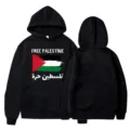 Men's black hooded sweatshirt featuring Free Palestine text and flag graphic design - S / Tops / Black (Style 3)