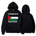 Black hooded sweatshirt featuring Palestine flag and text print, stylish casual streetwear. - S / Tops / Black (Style 5)