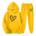 Yellow hoodie and sweatpants set featuring a black hand-drawn heart print, cozy casual wear. - S / Top And Bottom / Yellow