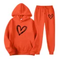 Orange hoodie and sweatpants set with cute black heart print casual daily wear for women. - S / Top And Bottom / Orange