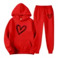Red hooded sweatshirt and sweatpants tracksuit set with black heart print casual wear - S / Top And Bottom / Red
