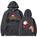 Sudadera con capucha navideña gris oscura con estampado lindo de Santa y reno, suéter casual. - S / Tops / Gris oscuro