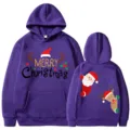 Sudadera con capucha morada de Navidad con lindo estampado de Papá Noel y reno, suéter casual. - S / Tops / Púrpura