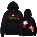 Sudadera negra de Navidad con estampado de dibujos animados, reno y Papá Noel, estilo casual. - S / Tops / Negro