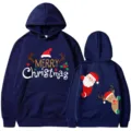 Sudadera con capucha de Navidad azul marino con estampado de papá Noel y reno casual. - S / Tops / Azul Marino (311)