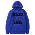 Sweat à capuche bleu avec impression graphique de texte d'horreur et manches longues tendance. - S / Hauts / Bleu
