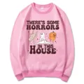 Sweat-shirt graphique effrayant d'Halloween rose, haut à manches longues et col rond. - S / Hauts / Rose