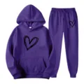 Purple hoodie and sweatpants set with black sketched heart graphic for women casual wear. - S / Top And Bottom / Purple