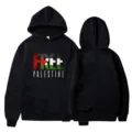 Black hooded sweatshirt with Free Palestine graphic print, casual long sleeve pullover. - S / Tops / Black(10)