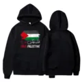 Black hooded sweatshirt featuring Free Palestine flag graphic print, casual long sleeve pullover top. - S / Tops / Black (11)