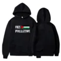 Black hooded sweatshirt featuring Free Palestine text and flag print, casual streetwear. - S / Top (H520) / Black(13)