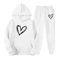White hoodie and sweatpants set with black heart print, casual two-piece tracksuit outfit. - S / Top And Bottom / White