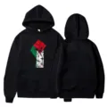 Classic black hooded sweatshirt featuring a bold flag-themed fist graphic on the front. - S / Tops / Black (Style 17)