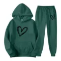 Dark green tracksuit for women featuring a cozy hoodie and matching sweatpants with cute heart prints. - S / Top And Bottom / Dark Green