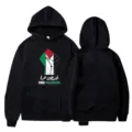 Black hooded sweatshirt featuring a Free Palestine fist graphic and text. Comfortable and stylish. - S / Tops / Black (Style 19)