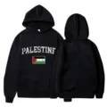 Black hoodie featuring Palestine text print and flag design, casual long sleeve streetwear style. - S / Tops / Black (Style 20)