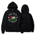 Black hooded sweatshirt with Gaza Palestine graphic print, casual long sleeve pullover top. - S / Tops / Black(24)