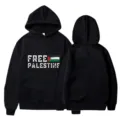 Black hooded sweatshirt with FREE PALESTINE flag print, casual long sleeve pullover top. - S / Tops / Black (25)