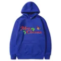 Felpa con cappuccio blu a tema natalizio con stampa grafica 2D per look casual alla moda. - Taglia S / Top / Blu (311)