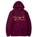 Felpa con cappuccio bordeaux stampa Natale, maglione casual unisex manica lunga invernale. - Taglia S / Top / Borgogna