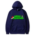 Felpa con cappuccio blu scuro stampata 2D di Natale per uomo e donna con tasca frontale. - Taglia S / Top / Blu Marina (313)