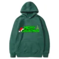 Felpa con cappuccio natalizia verde scuro a maniche lunghe, tasca frontale e stampa. - Taglia S / Top / Verde Scuro (313)
