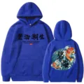 Blauer Kapuzenpullover für Herren mit Koi-Karpfen-Druck und chinesischer Kalligraphie, lang. - S / Oberteile / Blau