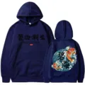 Dunkelblauer Kapuzenpullover mit japanischem Koi-Karpfen-Design und chinesischem Aufdruck. - S / Oberteile / Marineblau 2