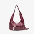 Sac hobo moto bordeaux rétro avec boucle argentée et détails à œillets métalliques - Bordeaux