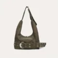 Sac hobo vintage de style motard olive avec un grand détail de boucle de ceinture - Vert Militaire