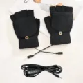 Guantes calefactables USB negros de punto, sin dedos con solapa y 3 niveles de calor. - Talla única / Guantes calefactables con solapa de medio dedo (Ajuste de 3 niveles) / Negro